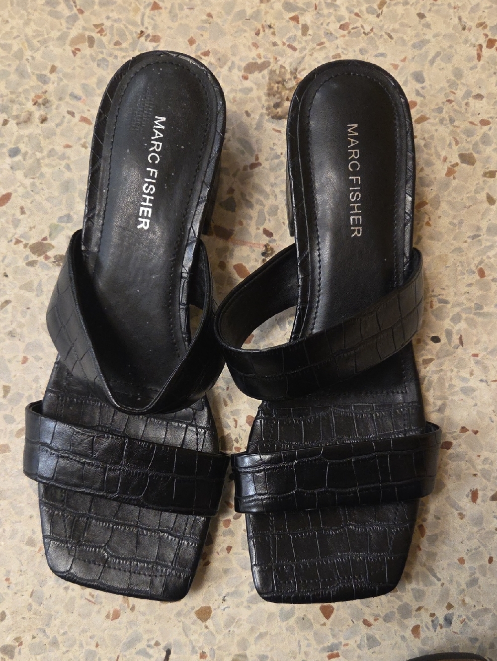 Marc Fisher Black Croc-Embossed Slide Mules